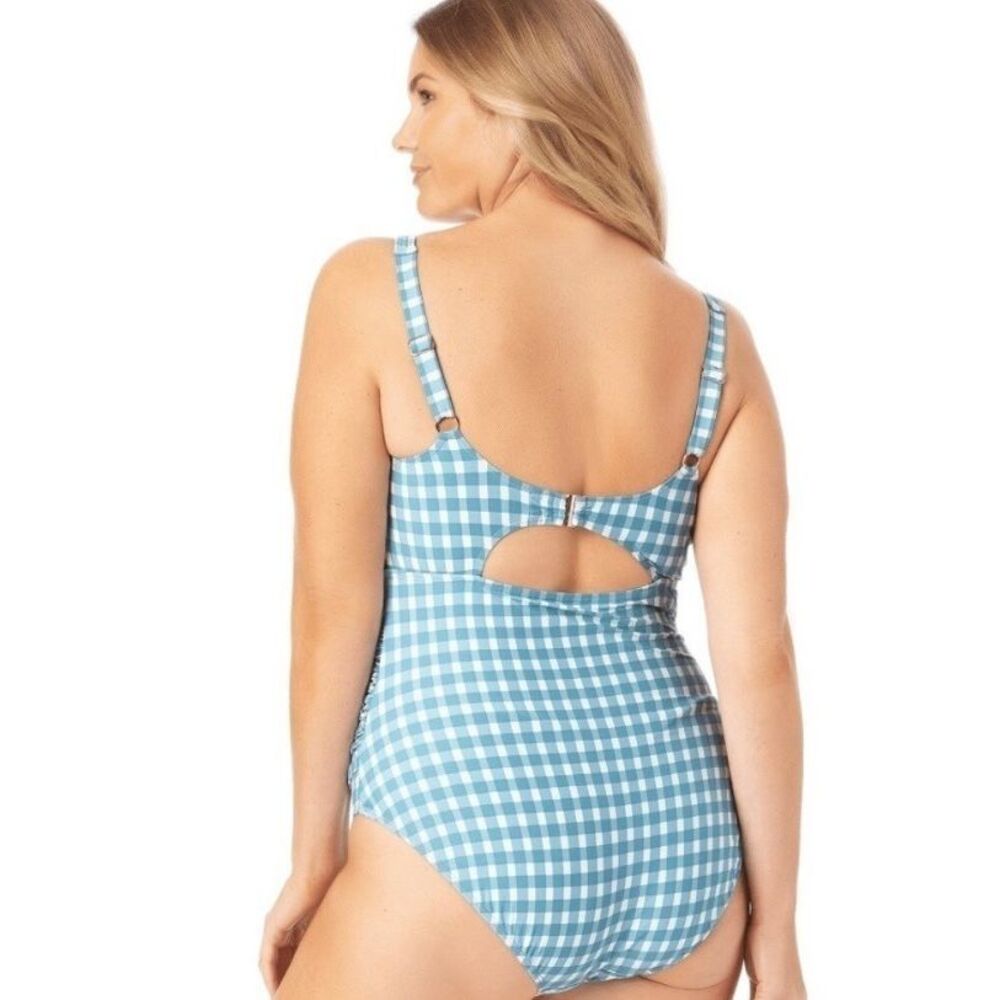 NWT Anne Cole gingham, blue and white shirred one piece swimsuit 12 - Picture 2 of 7